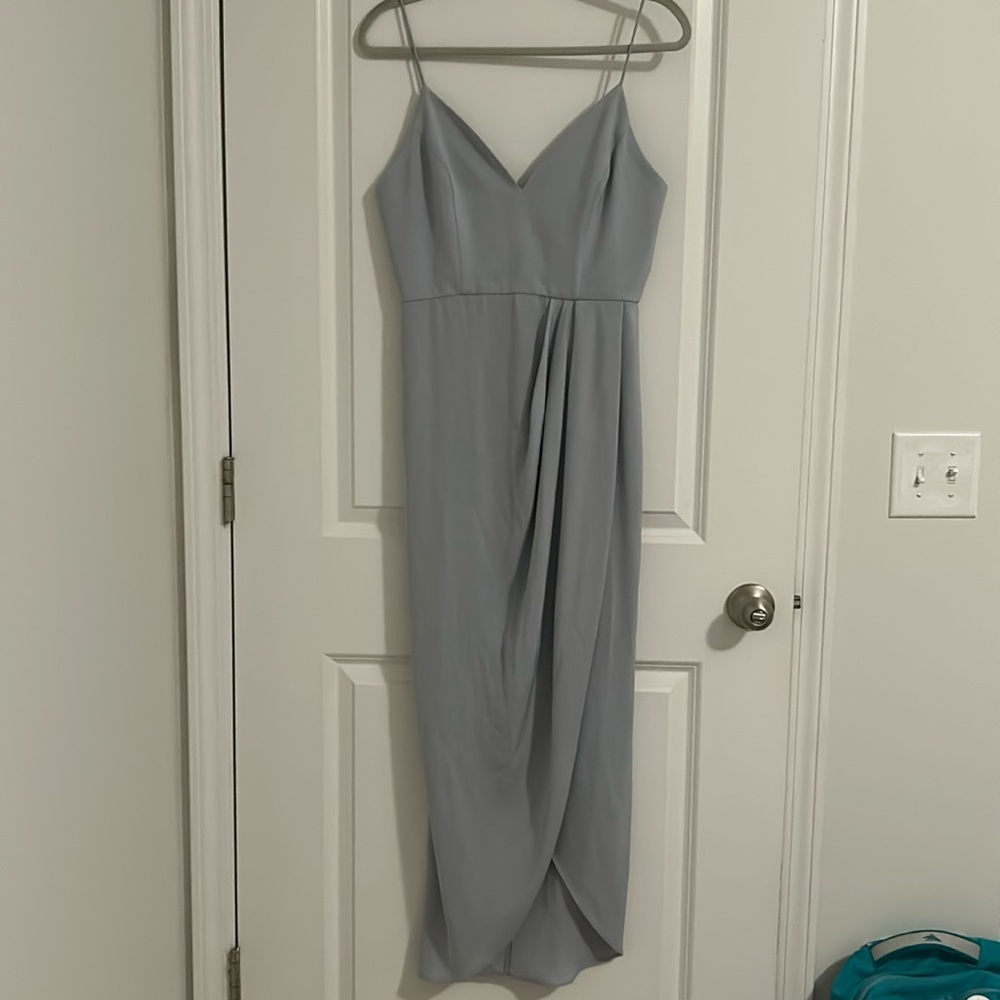 Dust blue wedding guest dress